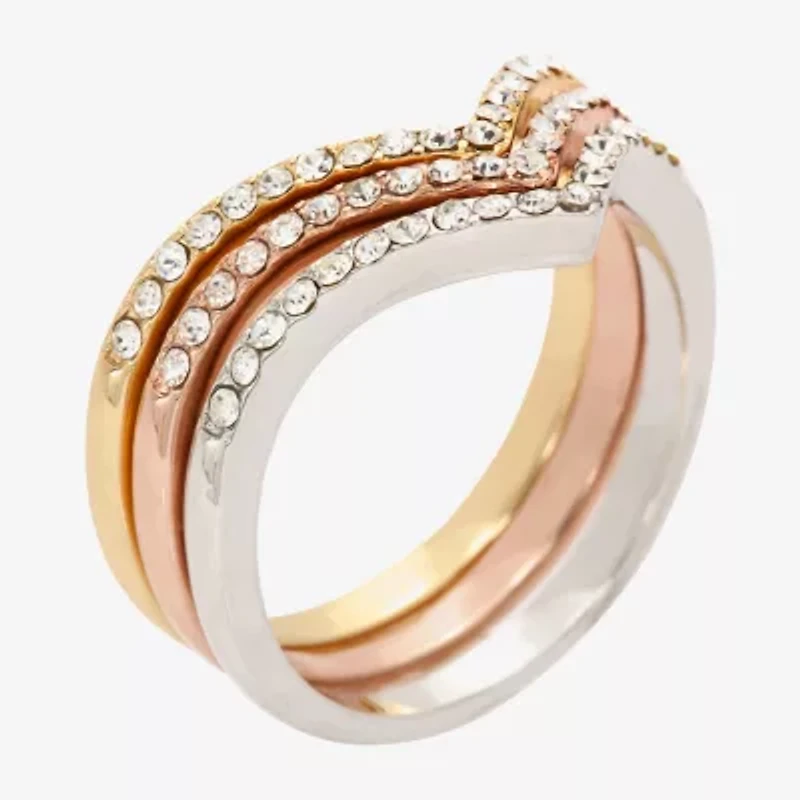 Sparkle Allure Curved Chevron Delicate Womens Crystal 14K Gold Over Brass 18K Rose Ring Set