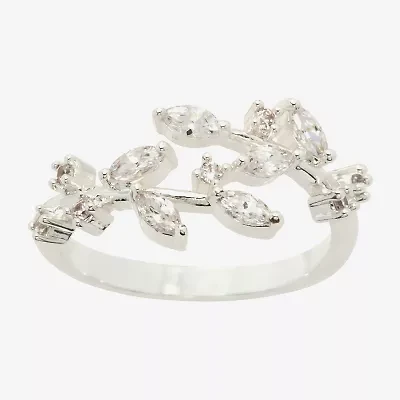 Sparkle Allure Floral Womens 2MM Cubic Zirconia Pure Silver Over Brass Bypass Band