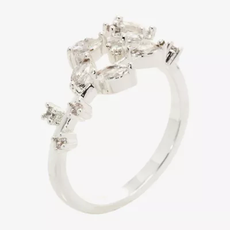 Sparkle Allure Floral Womens 2MM Cubic Zirconia Pure Silver Over Brass Bypass Band