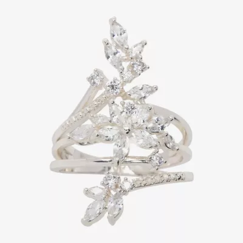 Sparkle Allure Wrap Womens Cubic Zirconia Pure Silver Over Brass Flower Bypass Cocktail Ring