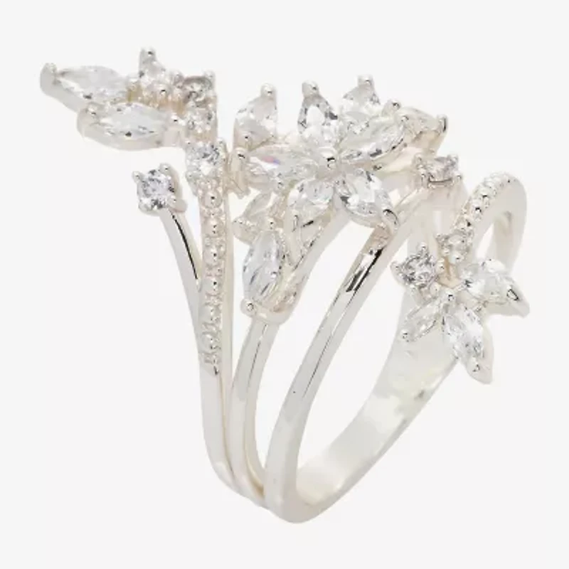 Sparkle Allure Wrap Womens Cubic Zirconia Pure Silver Over Brass Flower Bypass  Cocktail Ring