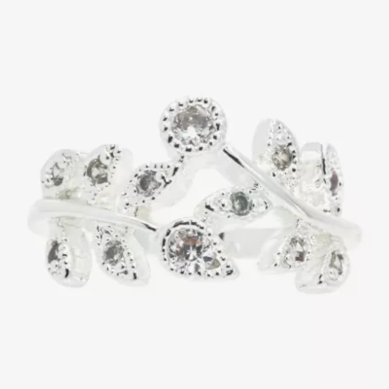 Sparkle Allure Floral Womens 2MM Cubic Zirconia Pure Silver Over Brass Bypass  Band