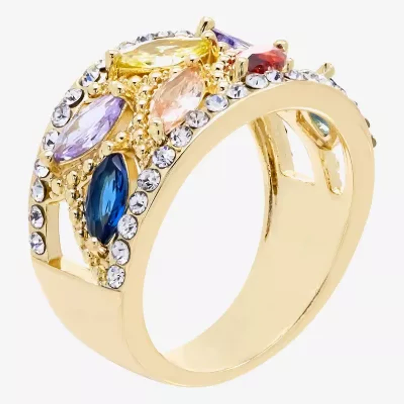 Sparkle Allure Wide Womens Multi Color Cubic Zirconia 14K Gold Over Brass Marquise Cluster Cocktail Ring