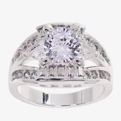 Sparkle Allure Split Shank Womens Cubic Zirconia Pure Silver Over Brass Round Engagement Ring