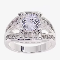 Sparkle Allure Split Shank Womens Cubic Zirconia Pure Silver Over Brass Round Engagement Ring