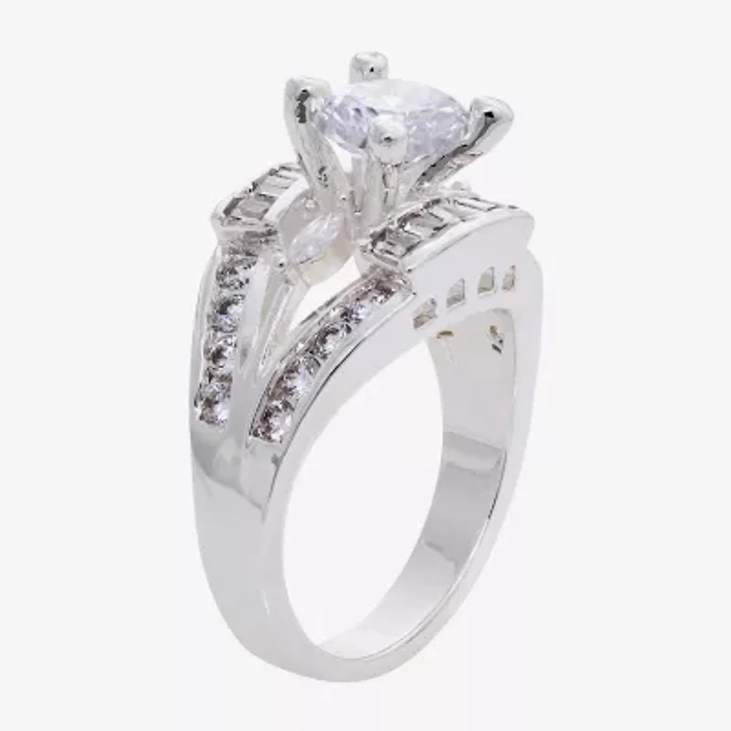Sparkle Allure Split Shank Womens Cubic Zirconia Pure Silver Over Brass Round Engagement Ring