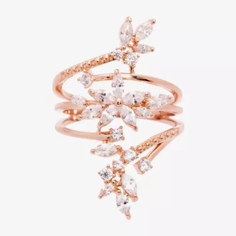 Sparkle Allure Wrap Womens Cubic Zirconia 18K Rose Gold Over Brass Flower Bypass Cocktail Ring