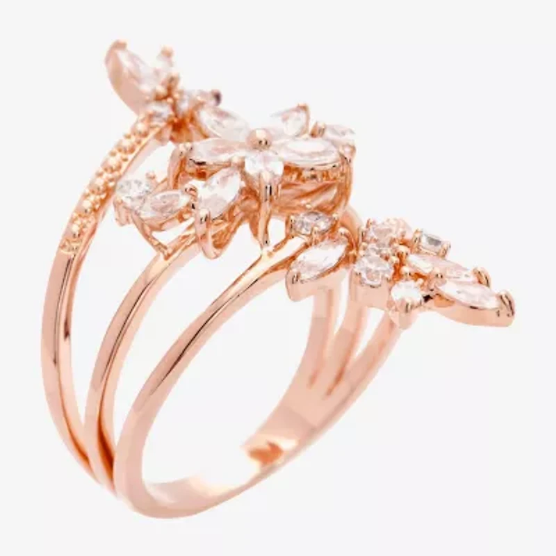 Sparkle Allure Wrap Womens Cubic Zirconia 18K Rose Gold Over Brass Flower Bypass  Cocktail Ring