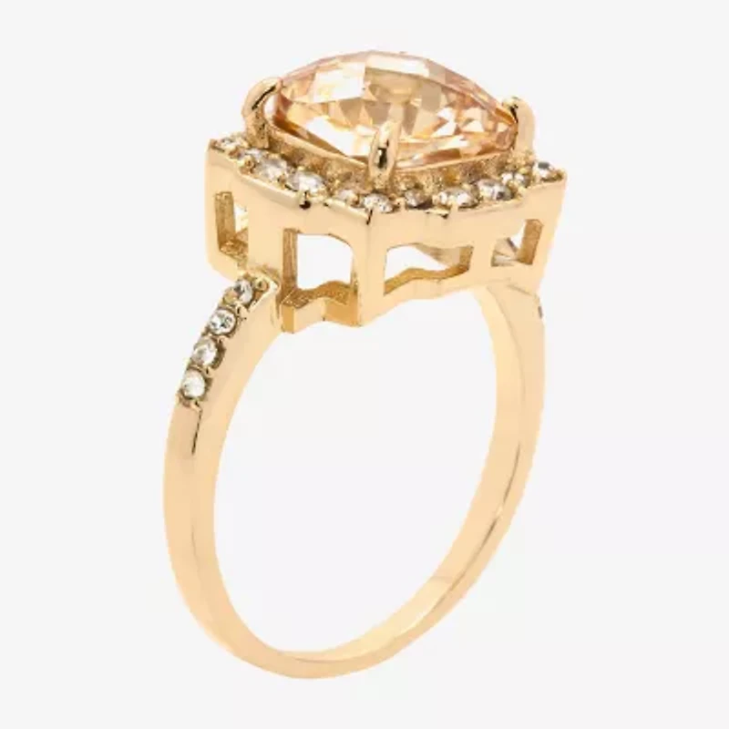 Sparkle Allure Womens Champagne Crystal 14K Gold Over Brass Cushion Halo Cocktail Ring