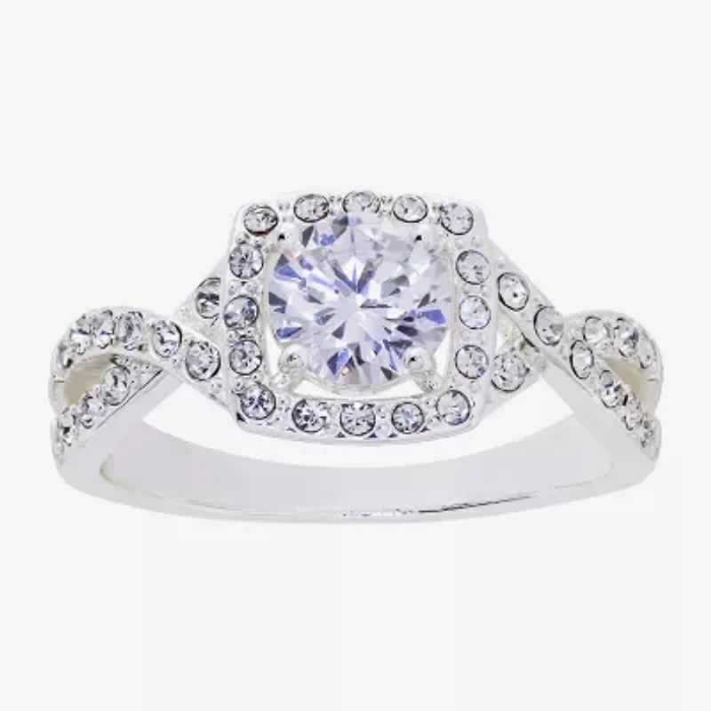 Sparkle Allure Twisted Split Shank Womens Cubic Zirconia Pure Silver Over Brass Round Halo Engagement Ring