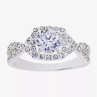 Sparkle Allure Twisted Split Shank Womens Cubic Zirconia Pure Silver Over Brass Round Halo Engagement Ring