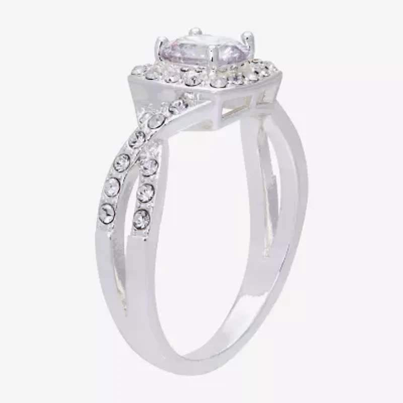 Sparkle Allure Twisted Split Shank Womens Cubic Zirconia Pure Silver Over Brass Round Halo Engagement Ring