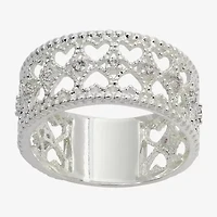 Sparkle Allure Double Row Textured Womens 8.5MM Crystal Pure Silver Over Brass Heart Band