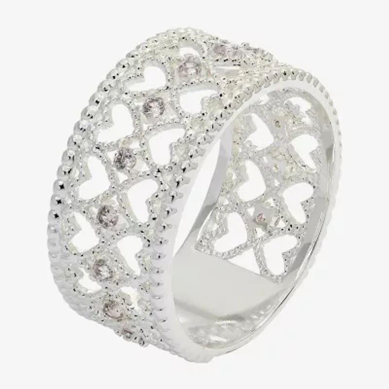 Sparkle Allure Double Row Textured Womens 8.5MM Crystal Pure Silver Over Brass Heart Band