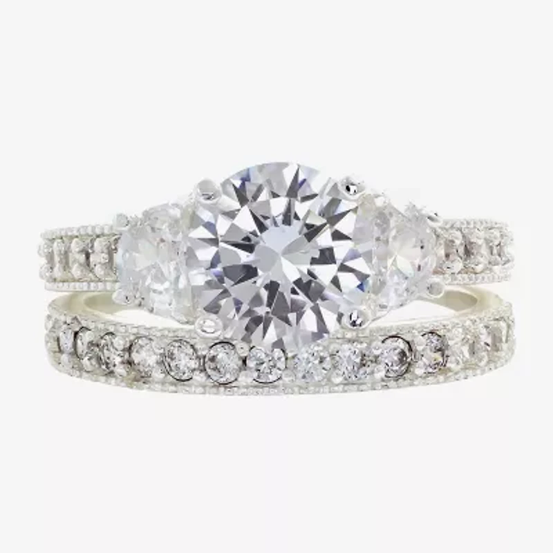 Sparkle Allure Womens Cubic Zirconia Pure Silver Over Brass Round Side Stone Eternity Bridal Set