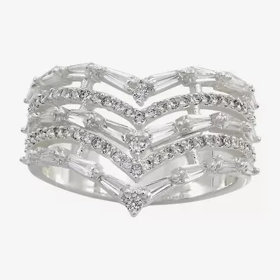Sparkle Allure Faux Stacked Womens Cubic Zirconia Pure Silver Over Brass Chevron Cocktail Ring