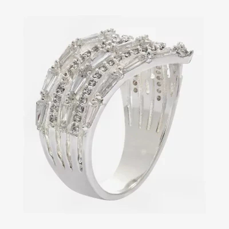 Sparkle Allure Faux Stacked Womens Cubic Zirconia Pure Silver Over Brass Chevron Cocktail Ring