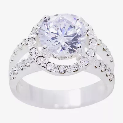 Sparkle Allure Split Shank Womens Cubic Zirconia Pure Silver Over Brass Round Halo Engagement Ring
