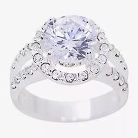 Sparkle Allure Split Shank Womens Cubic Zirconia Pure Silver Over Brass Round Halo Engagement Ring