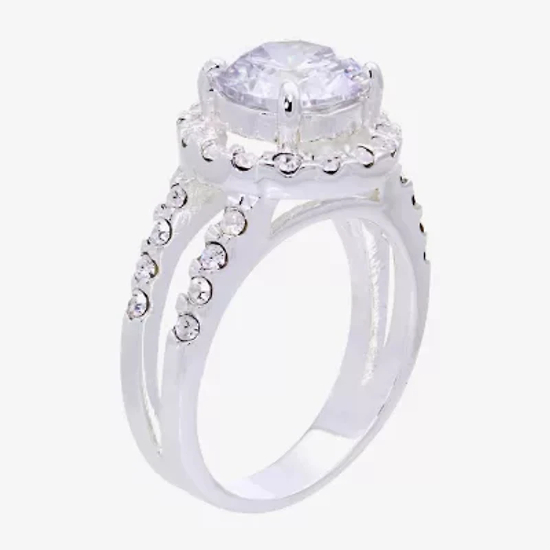 Sparkle Allure Split Shank Womens Cubic Zirconia Pure Silver Over Brass Round Halo Engagement Ring