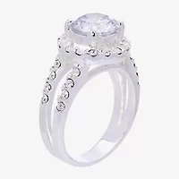 Sparkle Allure Split Shank Womens Cubic Zirconia Pure Silver Over Brass Round Halo Engagement Ring