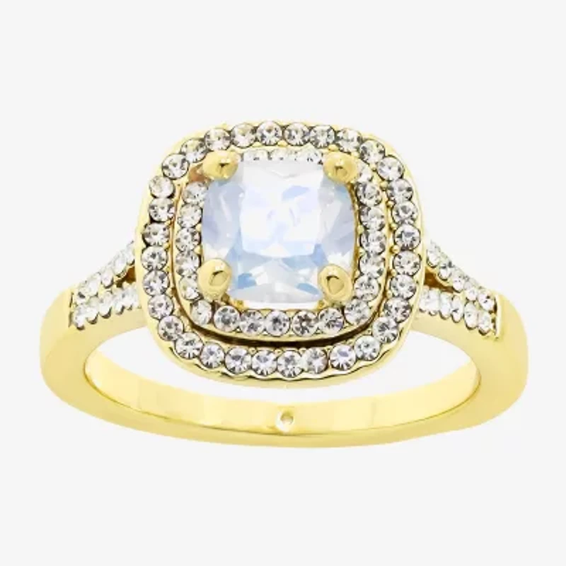Sparkle Allure Split Shank Womens White Cubic Zirconia 14K Gold Over Brass Cushion Halo Cocktail Ring