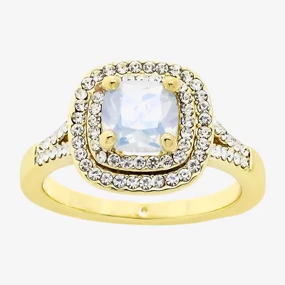 Sparkle Allure Split Shank Womens White Cubic Zirconia 14K Gold Over Brass Cushion Halo Cocktail Ring
