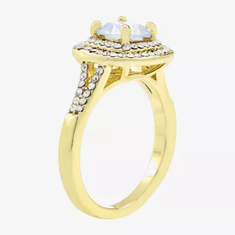 Sparkle Allure Split Shank Womens White Cubic Zirconia 14K Gold Over Brass Cushion Halo Cocktail Ring