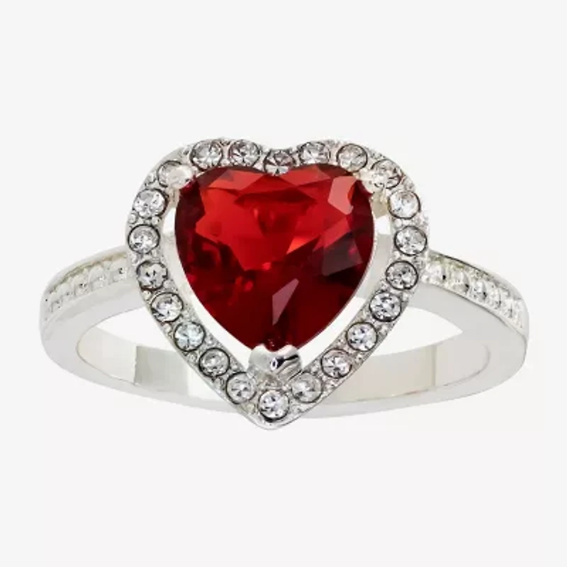 Sparkle Allure Womens Red Crystal Pure Silver Over Brass Heart Halo Cocktail Ring