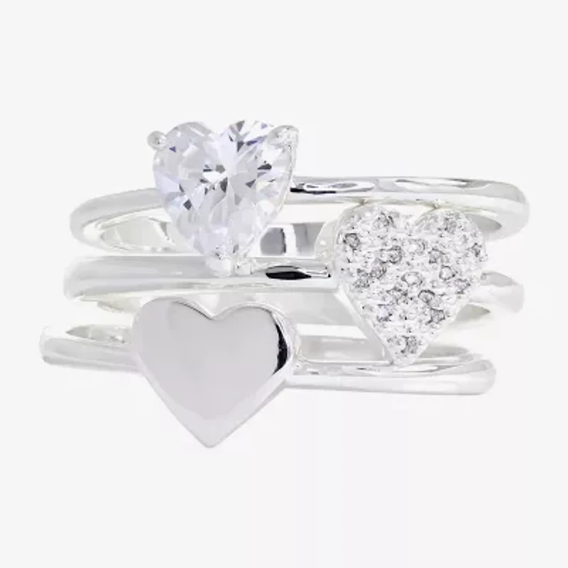 Sparkle Allure Womens Cubic Zirconia Pure Silver Over Brass Heart Delicate Solitaire Ring Set