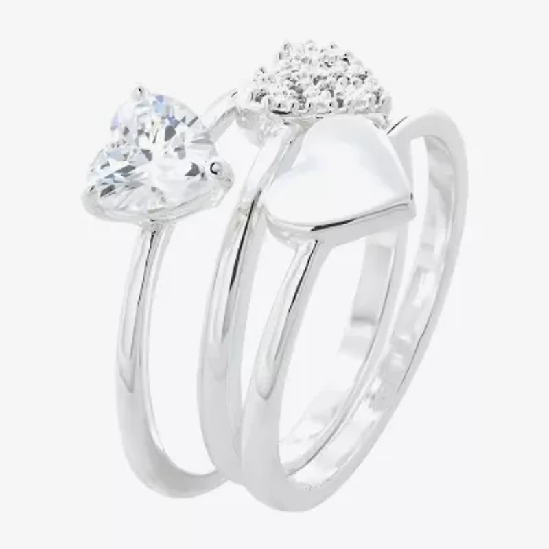 Sparkle Allure Womens Cubic Zirconia Pure Silver Over Brass Heart Delicate Solitaire Ring Set