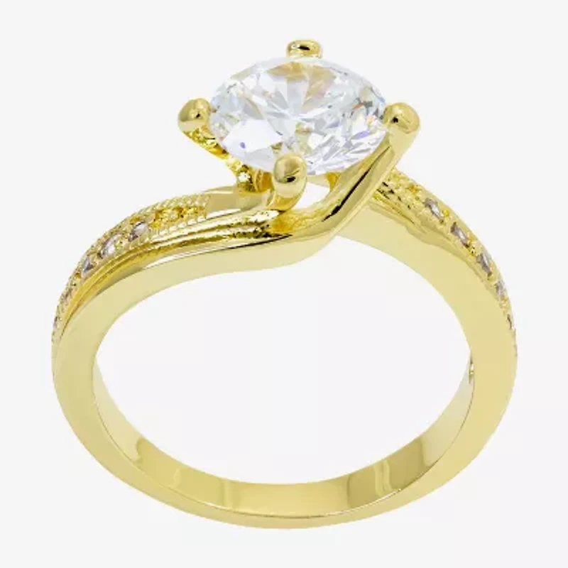 Sparkle Allure Solitaire Bypass Womens Cubic Zirconia 14K Gold Over Brass Round Engagement Ring