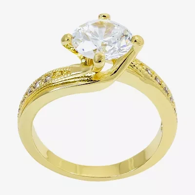 Sparkle Allure Solitaire Bypass Womens Cubic Zirconia 14K Gold Over Brass Round  Engagement Ring