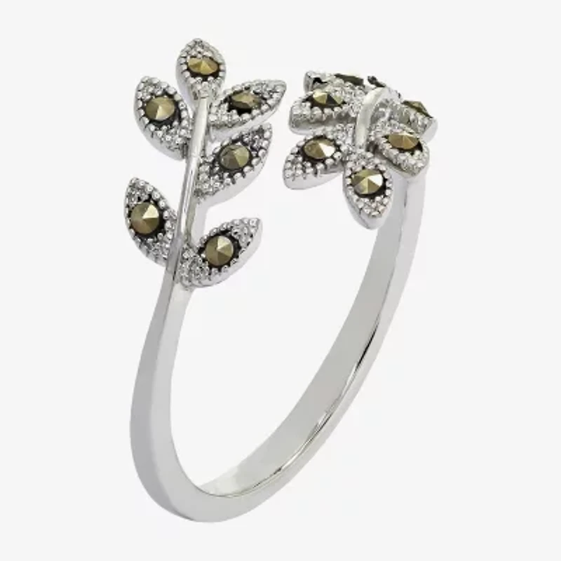 Sparkle Allure Leaf Bypass Womens 2.5MM Black Cubic Zirconia Pure Silver Over Brass Band