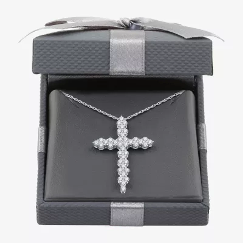 Womens 1 1/ CT. T.W. Lab Grown White Diamond Sterling Silver Cross 18 Inch Pendant Necklace