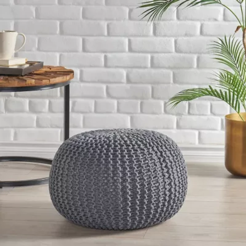 Nahunta Modern Knitted Cotton Pouf Ottoman