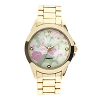 Womens Crystal-Accent Floral Dial Bracelet Watch