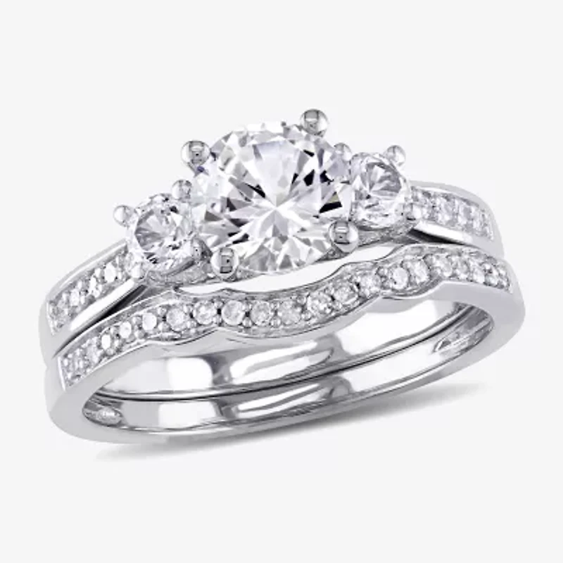 Lab Created White Sapphire & 1/7 CT. T.W. Diamond 10K Gold Bridal Set