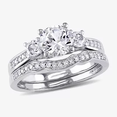 Lab Created White Sapphire & 1/7 CT. T.W. Diamond 10K Gold Bridal Set