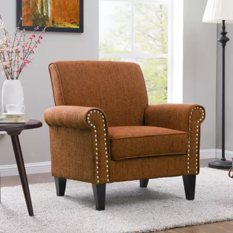 Jean Traditional Rolled Arm Accent Chair with Pewter Nailheads Tweed