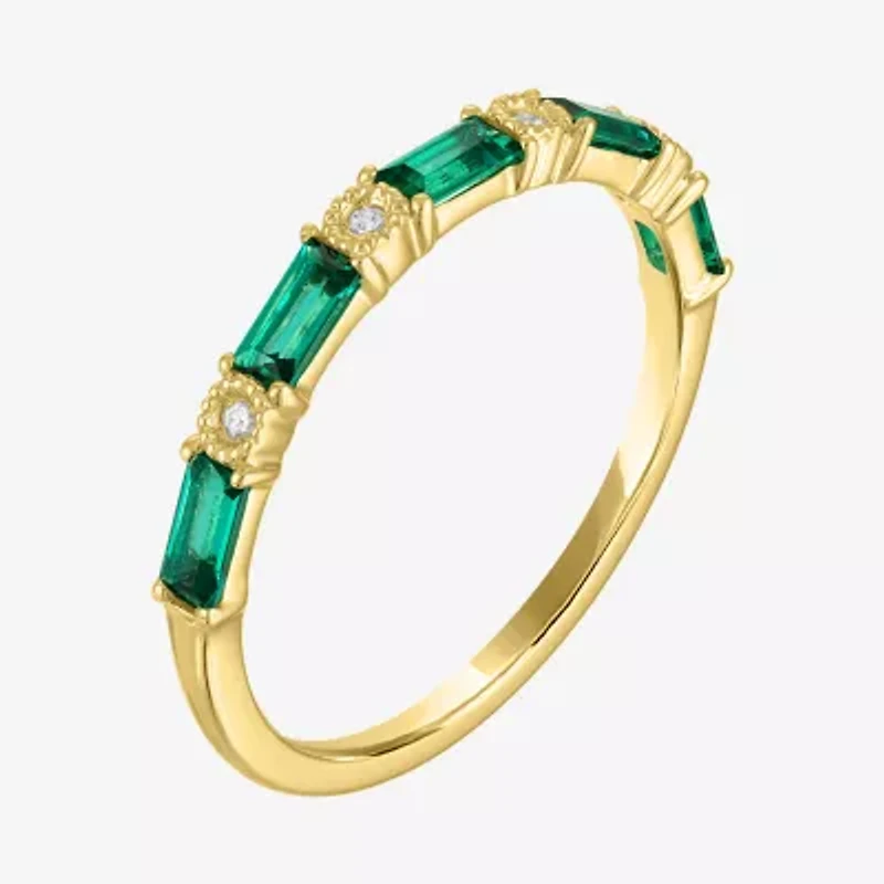 Womens Diamond Accent Lab Created Green Emerald 10K Gold Wedding Band
