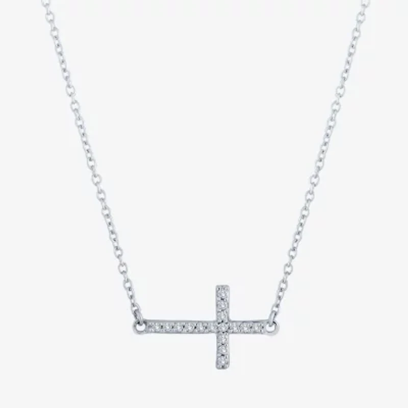 (G-H / Si2-I1) Sideways Womens 1/10 CT. T.W. Lab Grown White Diamond Sterling Silver Cross 18 Inch Pendant Necklace