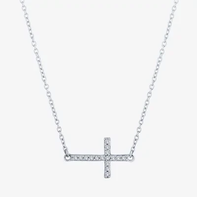 (G-H / Si2-I1) Sideways Womens 1/10 CT. T.W. Lab Grown White Diamond Sterling Silver Cross 18 Inch Pendant Necklace