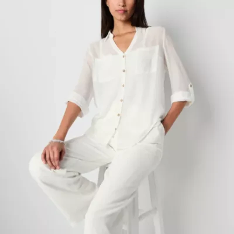 by&by Womens Long Sleeve Cuffed Regular Fit Juniors Button-Down Shirt