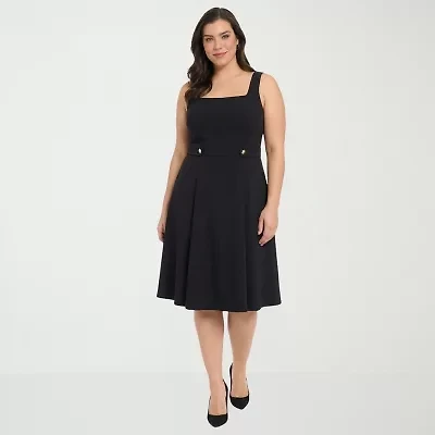 London Times Womens Plus Square Neck Sleeveless Fit + Flare Dress