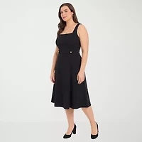 London Times Womens Plus Square Neck Sleeveless Fit + Flare Dress