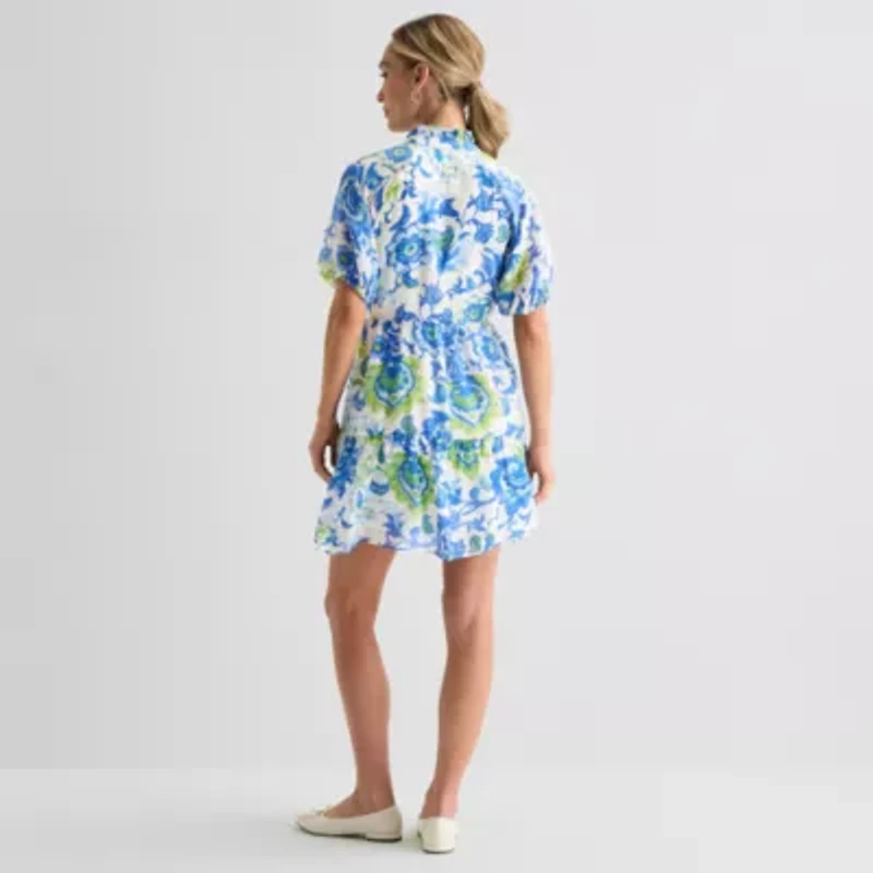 MSK Womens Midi V Neck Short Sleeve Cap Floral Fit + Flare Dress