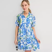 MSK Womens Midi V Neck Short Sleeve Cap Floral Fit + Flare Dress