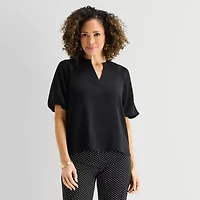 Liz Claiborne Womens Tall Split Crew Neck Short Sleeve Satin Blouse