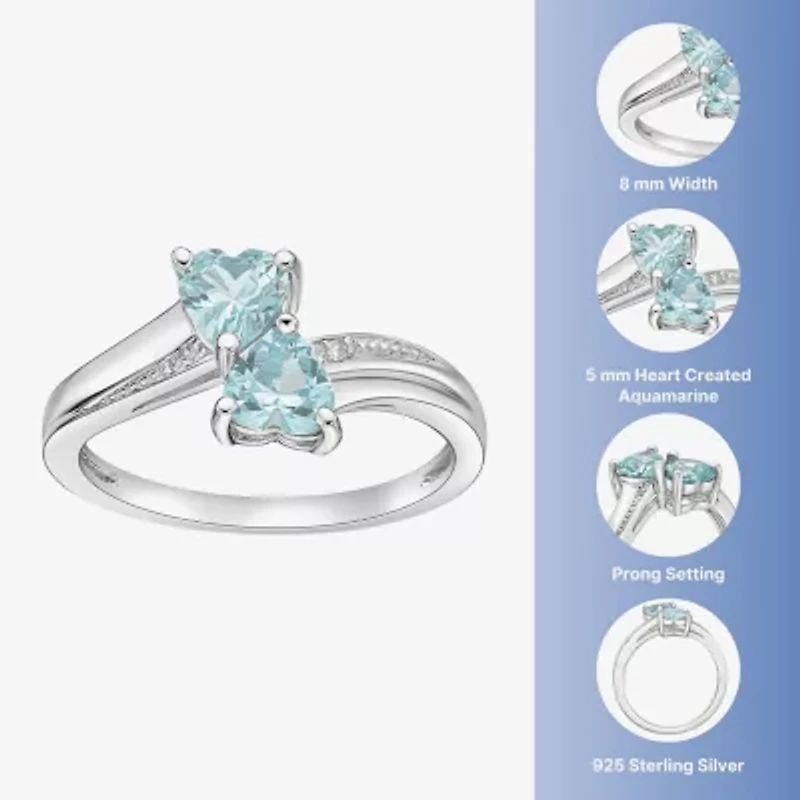 Womens Diamond Accent Lab Created Blue Aquamarine Sterling Silver Side Stone Cocktail Ring